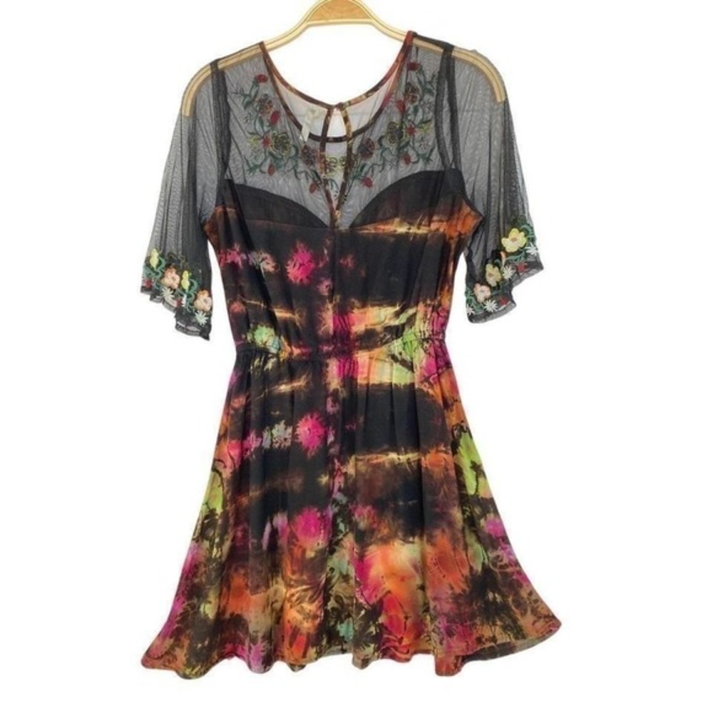True Destiny Y2K Whimsigoth Mesh Embroidered‎ Floral Tie Dye Dress Women M Black